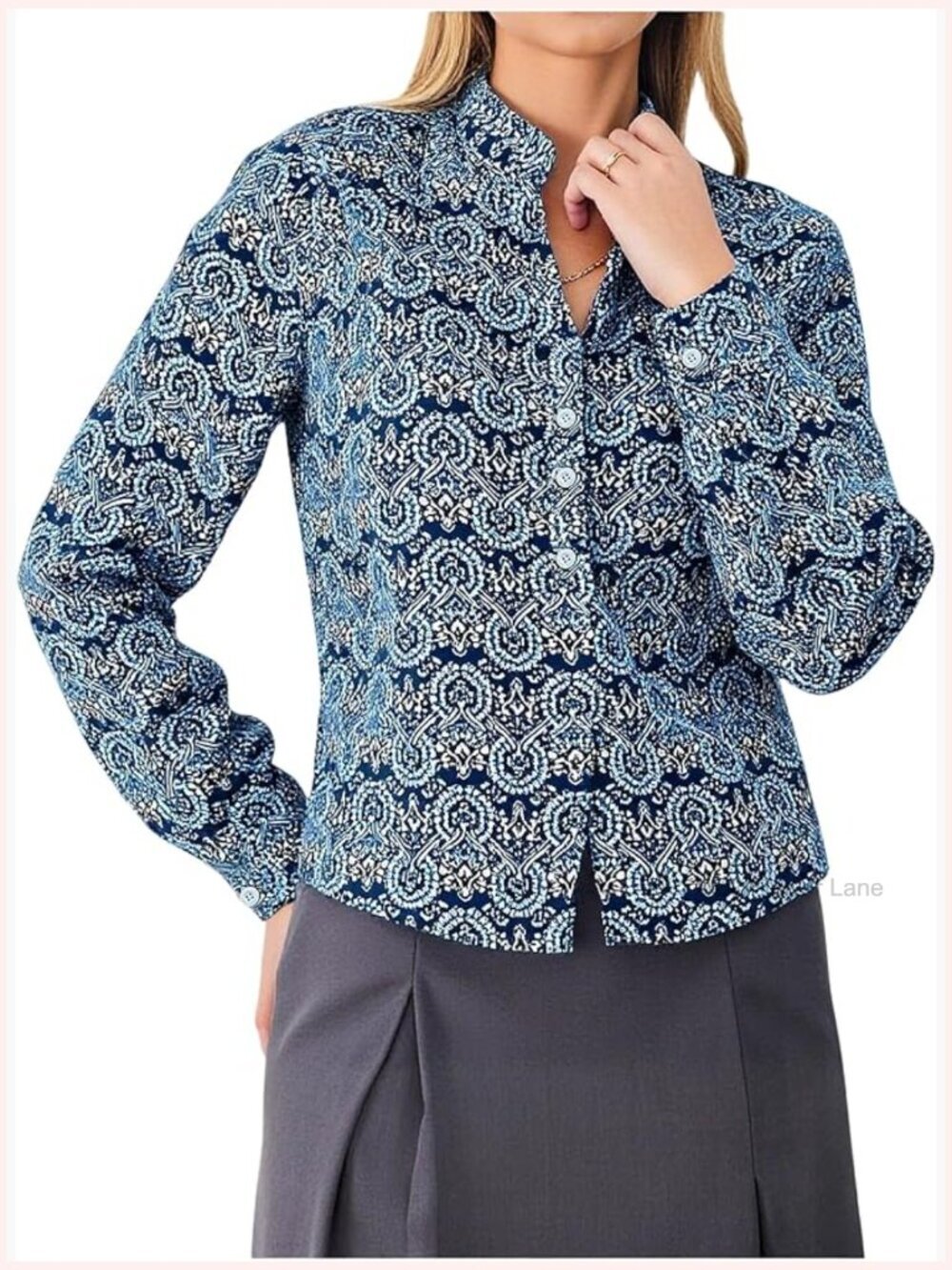 Boho Print Button Front Long Sleeve Blouse Notch Neck Tunic Top